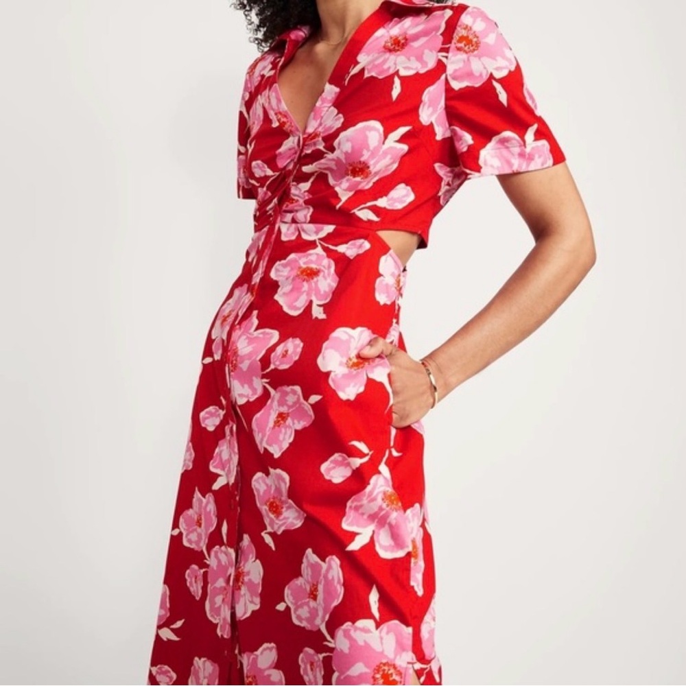 Old Navy Cutout Midi Shirt Dress Pink Floral Summer Collar Button Front XS - Picture 2 of 9